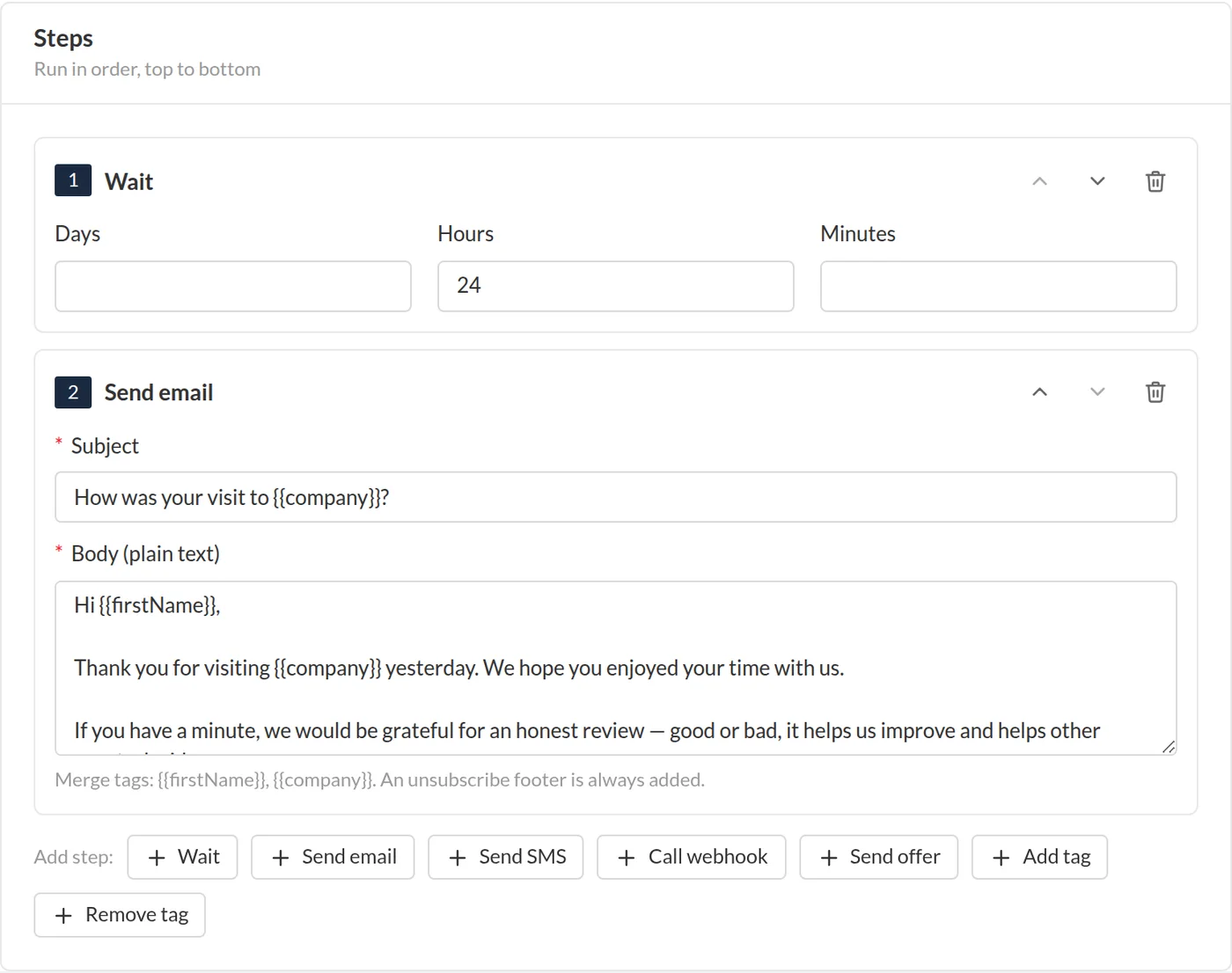Automation editor with wait, condition and send steps