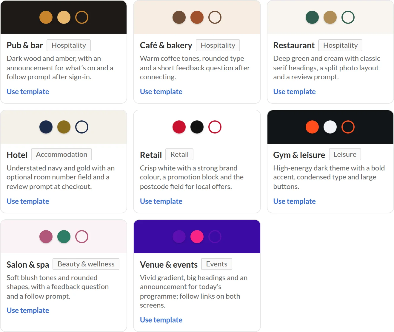 Template gallery: pub, café, restaurant, hotel, retail, gym, salon, events