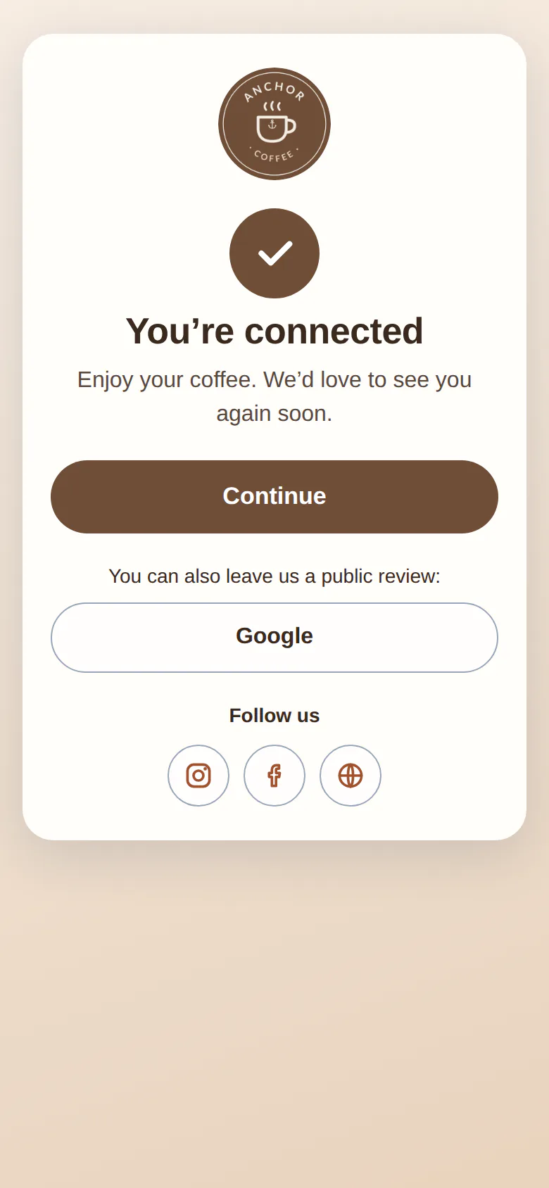 "You’re connected" screen with a review link and follow-us buttons