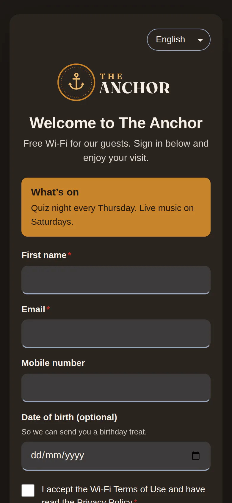 Sign-in page for The Anchor, a demo pub, on the pub template