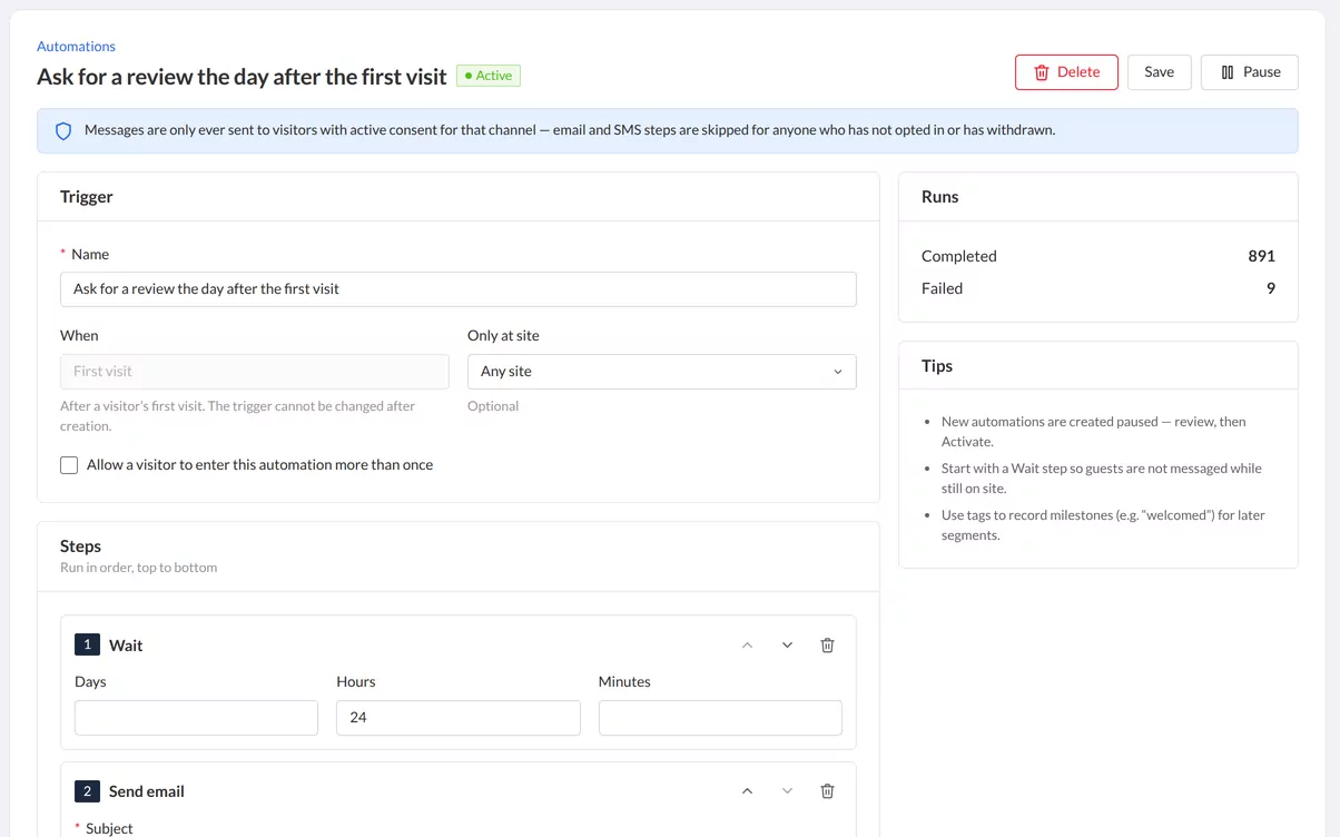 Automation editor: wait one day, check the guest visited, send the review request email