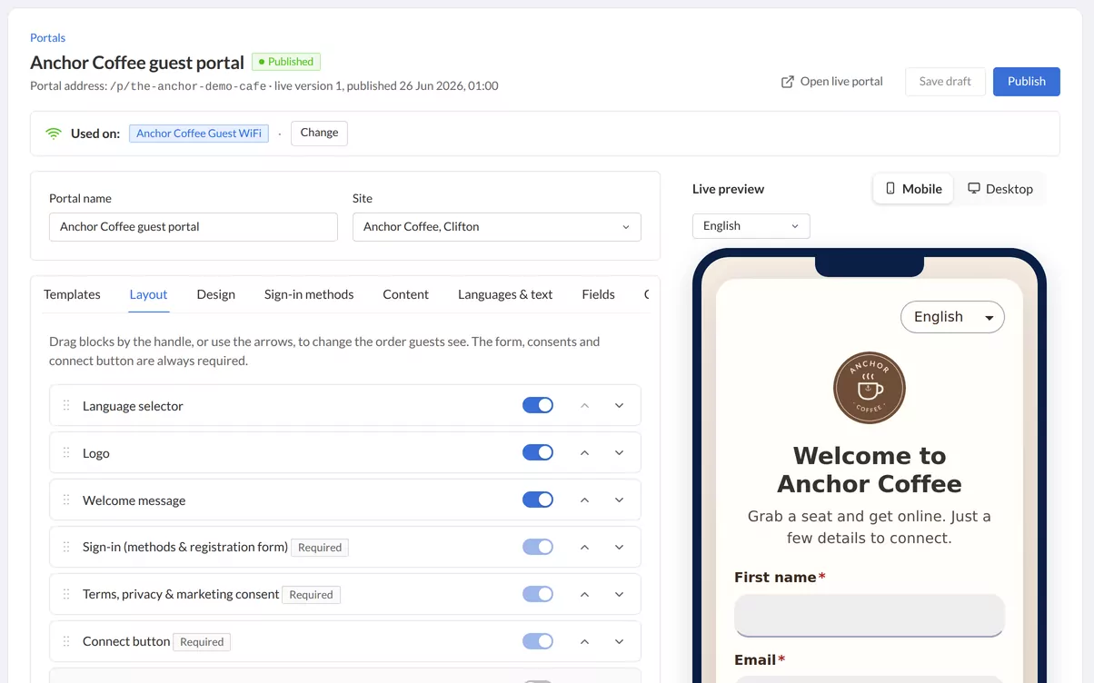 Portal editor with a live phone preview of the café sign-in page