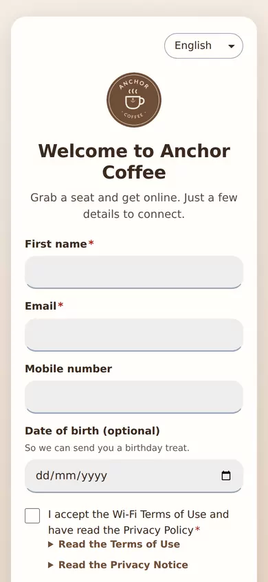 Anchor Coffee (demo) sign-in page on the café template: round logo, first name, email and a separate marketing tick box