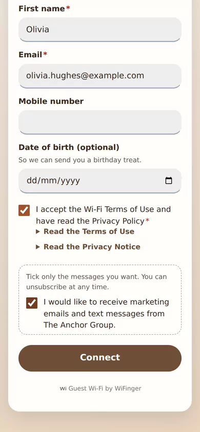 Filled-in sign-in form: Wi-Fi terms accepted and the separate marketing box ticked