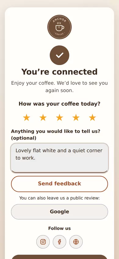 “You’re connected” screen with five stars chosen, a comment and a Google review button