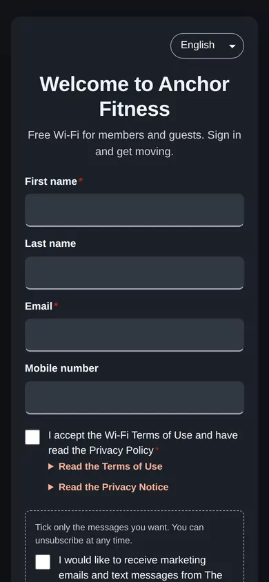 Anchor Fitness (demo gym) sign-in page on the dark gym template