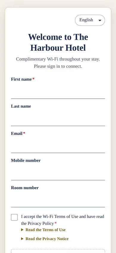 The Harbour Hotel (demo) sign-in page on the hotel template, with a room number field