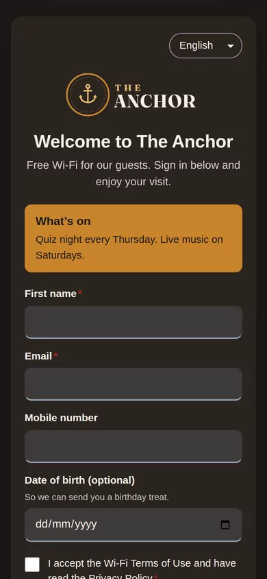 The Anchor (demo pub) sign-in page: dark wood and amber, with a “What’s on” quiz night announcement