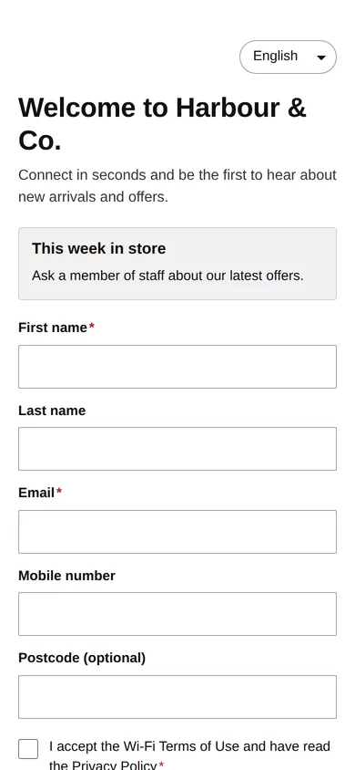 Harbour & Co. (demo shop) sign-in page on the retail template with a “This week in store” panel and an optional postcode field