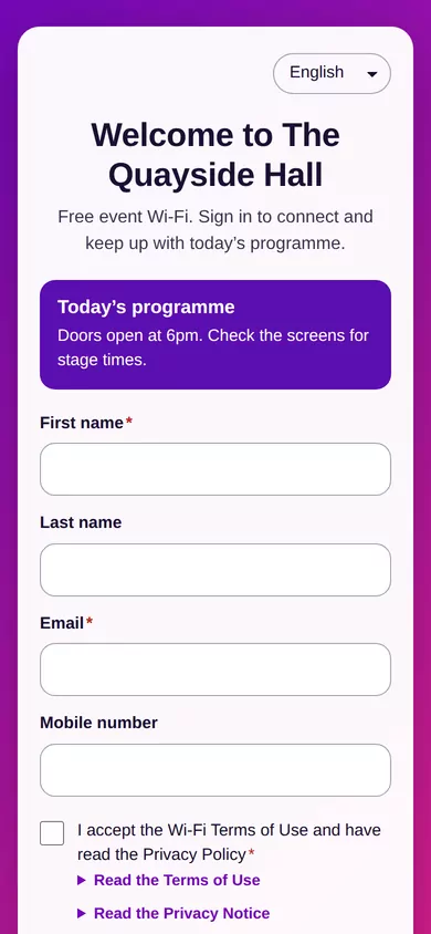 The Quayside Hall (demo venue) sign-in page with a “Today’s programme” announcement